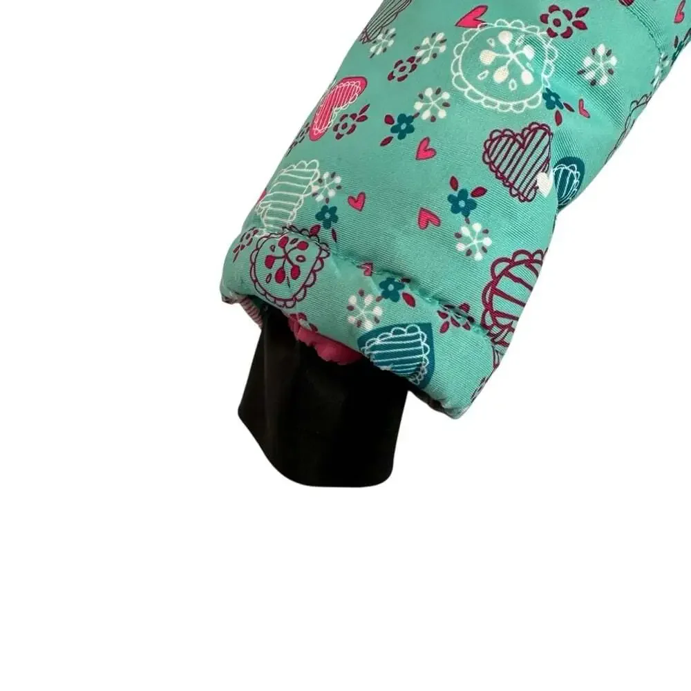 Gusti Kids Teal Puffer Jacket Pink Hearts Size 5 Winter Warm Coat
